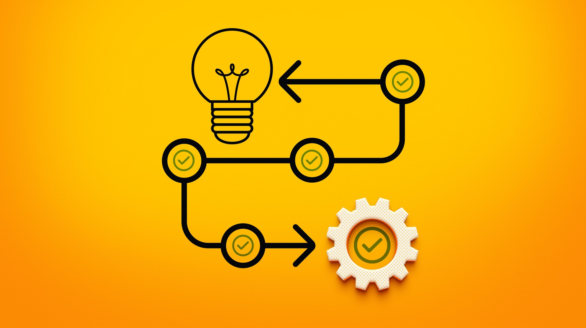 3D Curved Arrow Connecting a Light Bulb Icon to a Gear, Representing Idea Generation to Production Process